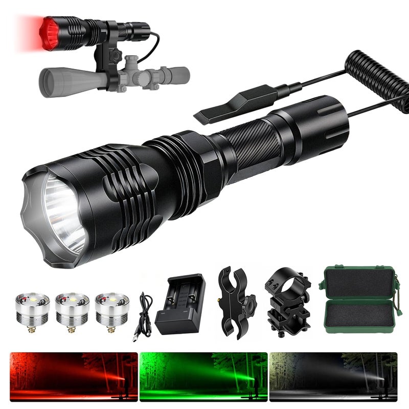 VASTFIRE Predator Light with Interchangeable (Red, Green, White) LED Hunting Flashlight with Scope Mount for Hog Coyote Coon Bobcat Raccoon Varmint Rabbit Night Hunting - Image 1